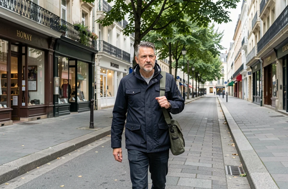 Photographe masculin se déplaçant dans une rue commerçante typique d'une ville française avec son matériel photo professionnel