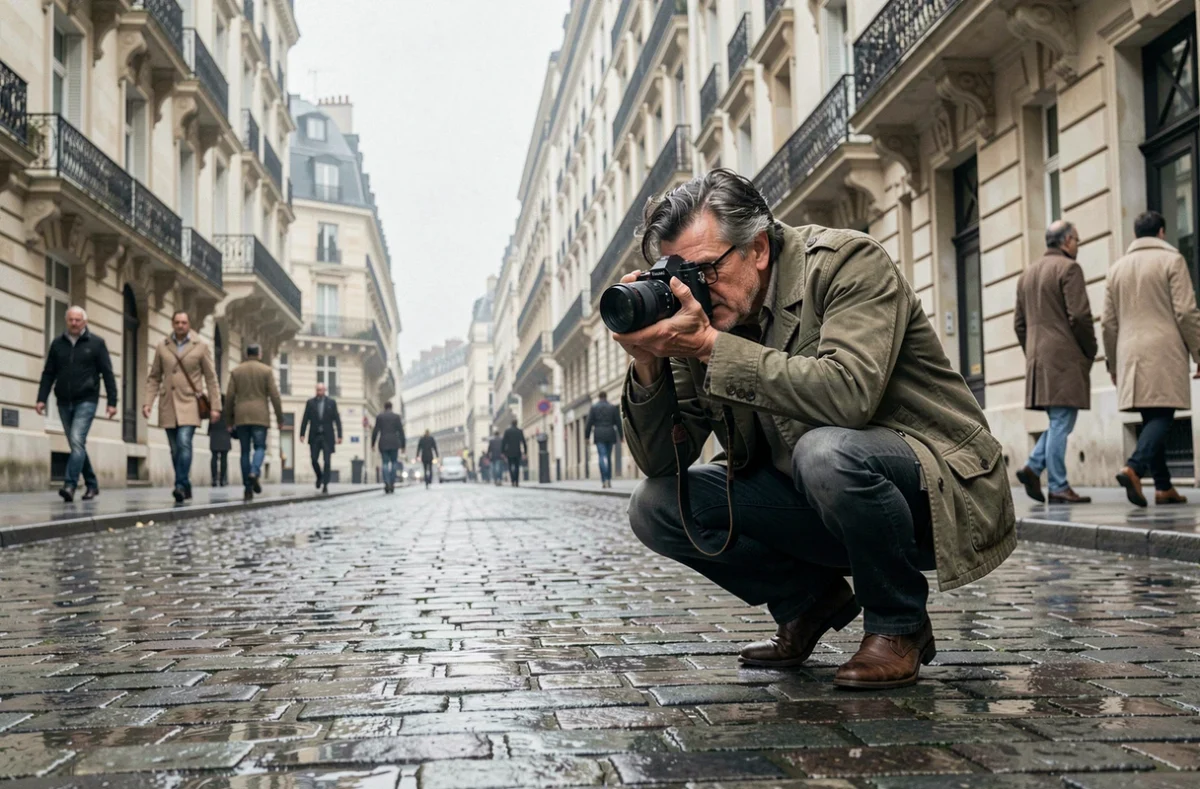Photographe accroupi dans une rue pavée parisienne sous ciel couvert, appareil rangefinder à l'œil, capturant des passants dans une atmosphère documentaire urbaine