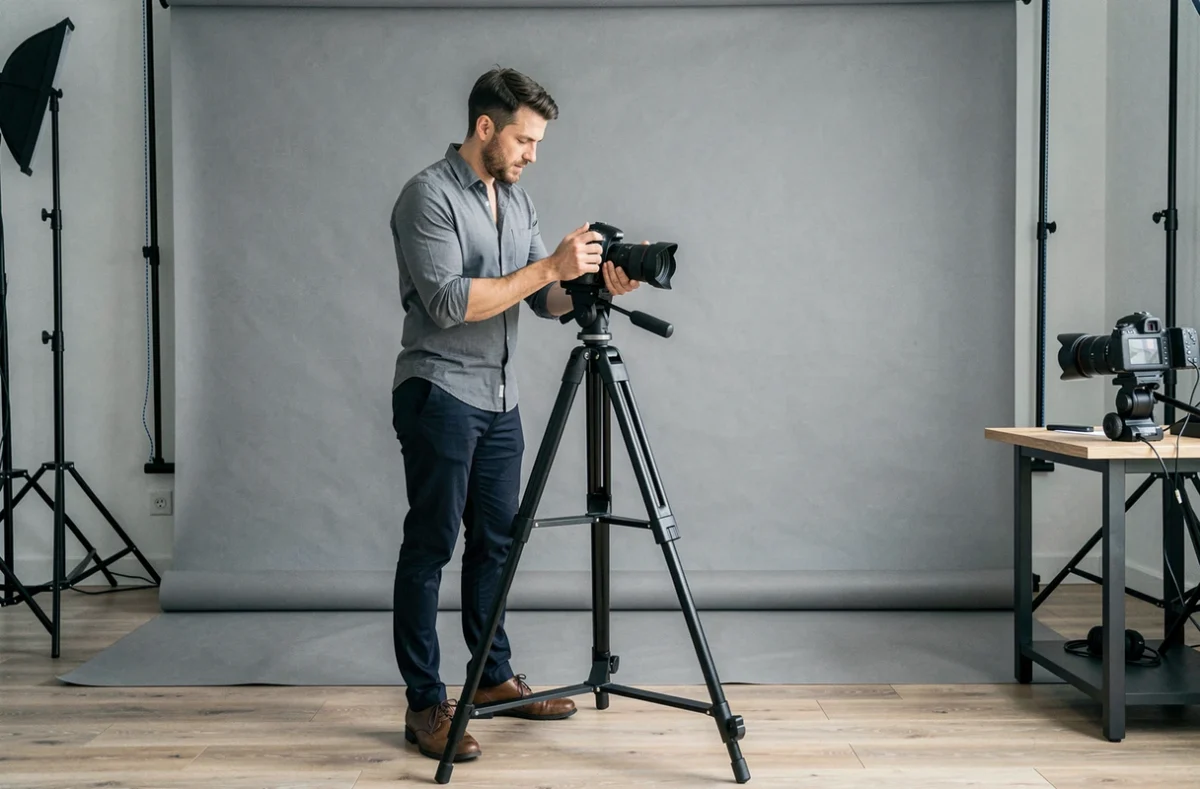 Photographe professionnel en studio à Béthune préparant une séance de portrait corporate