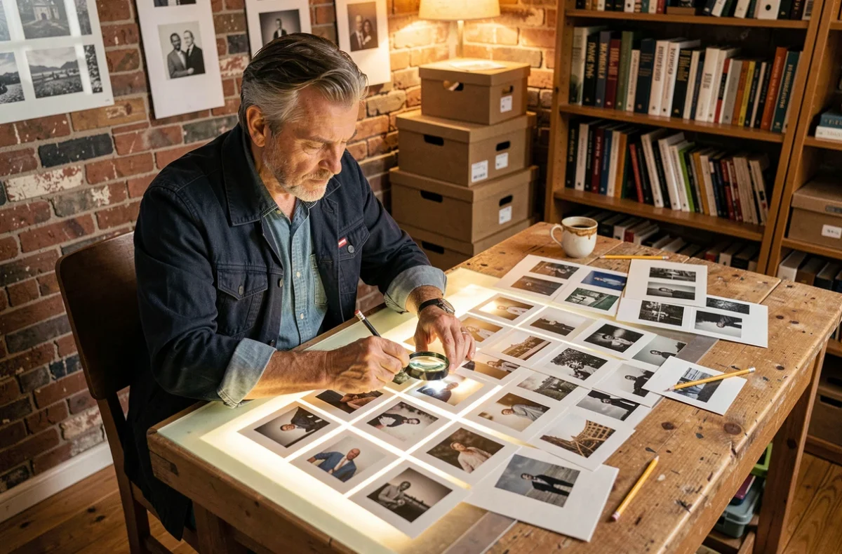 Photographe examinant des planches contact sur une table lumineuse dans un studio maison aux murs en briques apparentes, entouré de monographies et de tirages de référence
