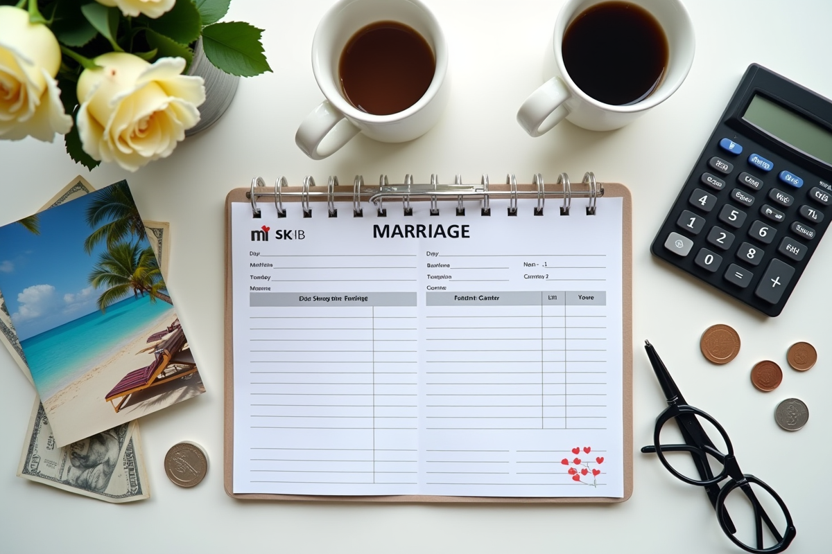 Planificateur de budget mariage avec pièces et photo de lune de miel