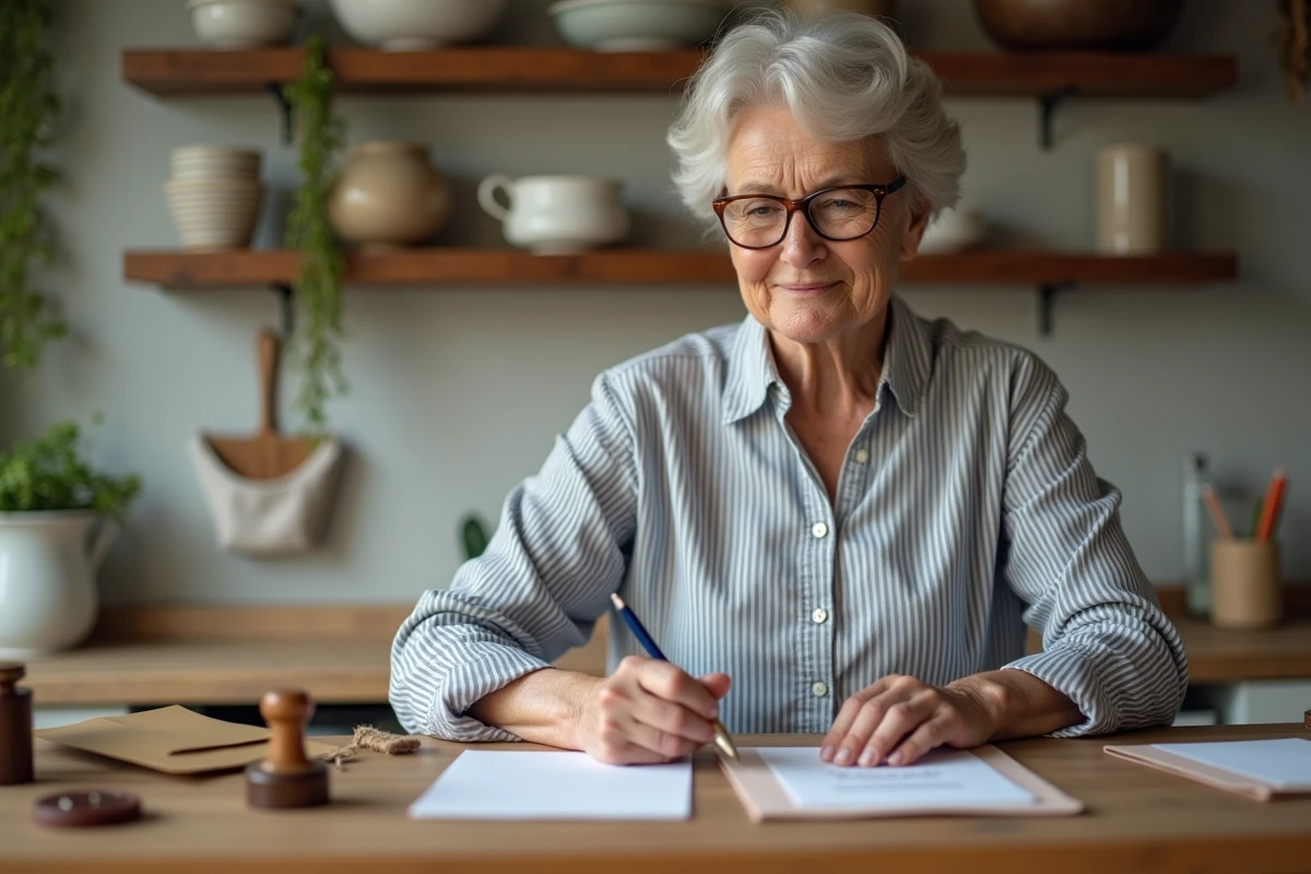 Femme préparant des invitations manuscrites pour un anniversaire de mariage à petit budget dans sa cuisine