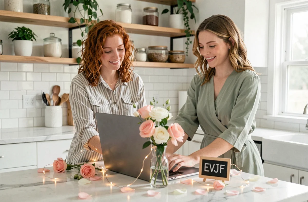 Deux amies préparant une surprise vidéo sur un ordinateur portable décoré de fleurs et guirlandes pour un EVJF à la maison