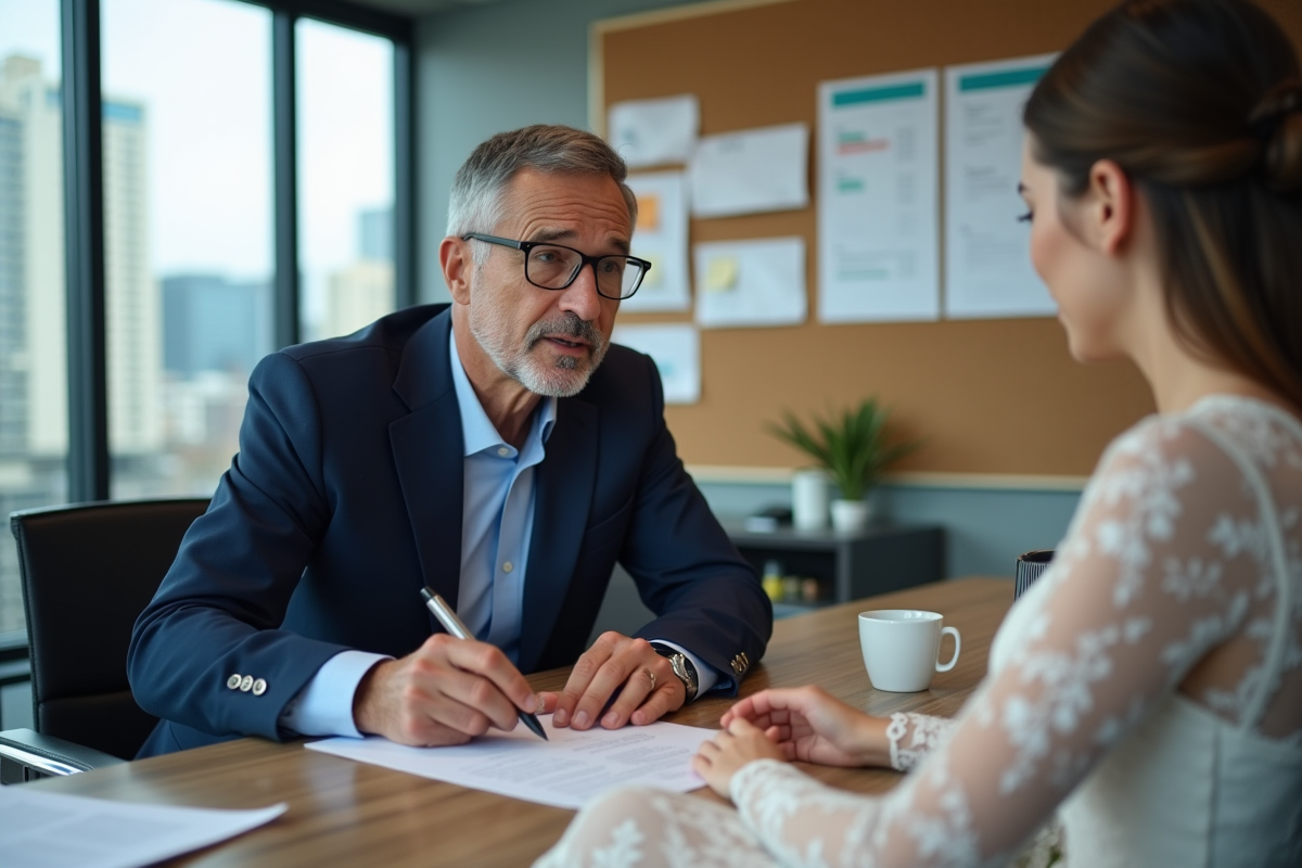 Producteur en costume examine un contrat avec une mariée dans un bureau moderne