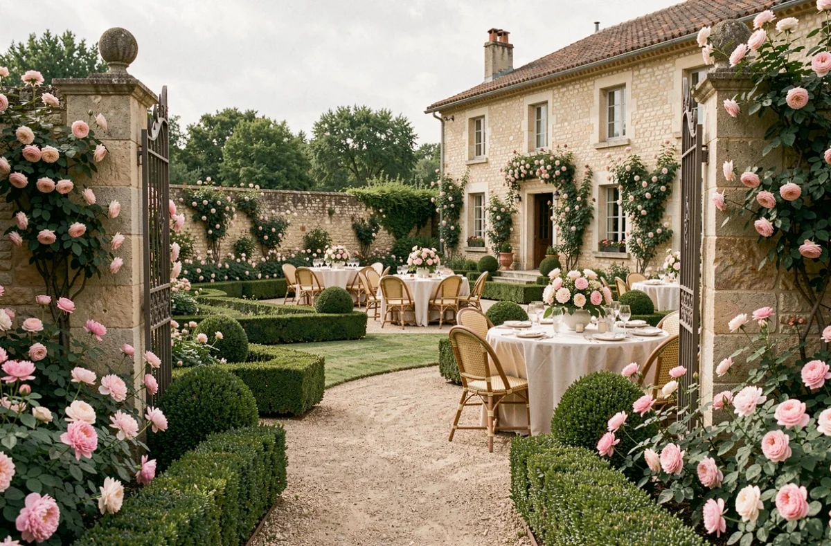 Réception Côté Jardin en Provence, espace de réception de mariage en plein air avec jardin à la française, tables dressées parmi les roses et pivoines