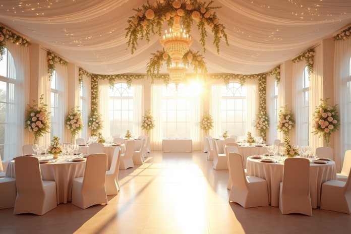 Salle de reception mariage élégante avec guirlandes florales