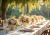 Couleur élégante pour mariage : quelle choisir pour un événement chic ? Table de mariage élégante en plein air avec vaisselle dorée et fleurs pastel