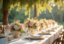 Table de mariage élégante en plein air avec vaisselle dorée et fleurs pastel