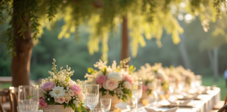 Table de mariage élégante en plein air avec vaisselle dorée et fleurs pastel