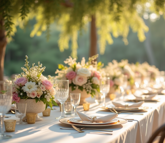 Couleur élégante pour mariage : quelle choisir pour un événement chic ? Table de mariage élégante en plein air avec vaisselle dorée et fleurs pastel