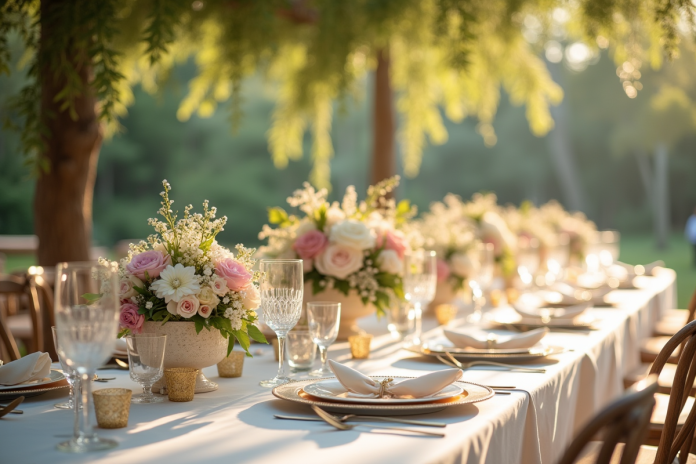 Table de mariage élégante en plein air avec vaisselle dorée et fleurs pastel