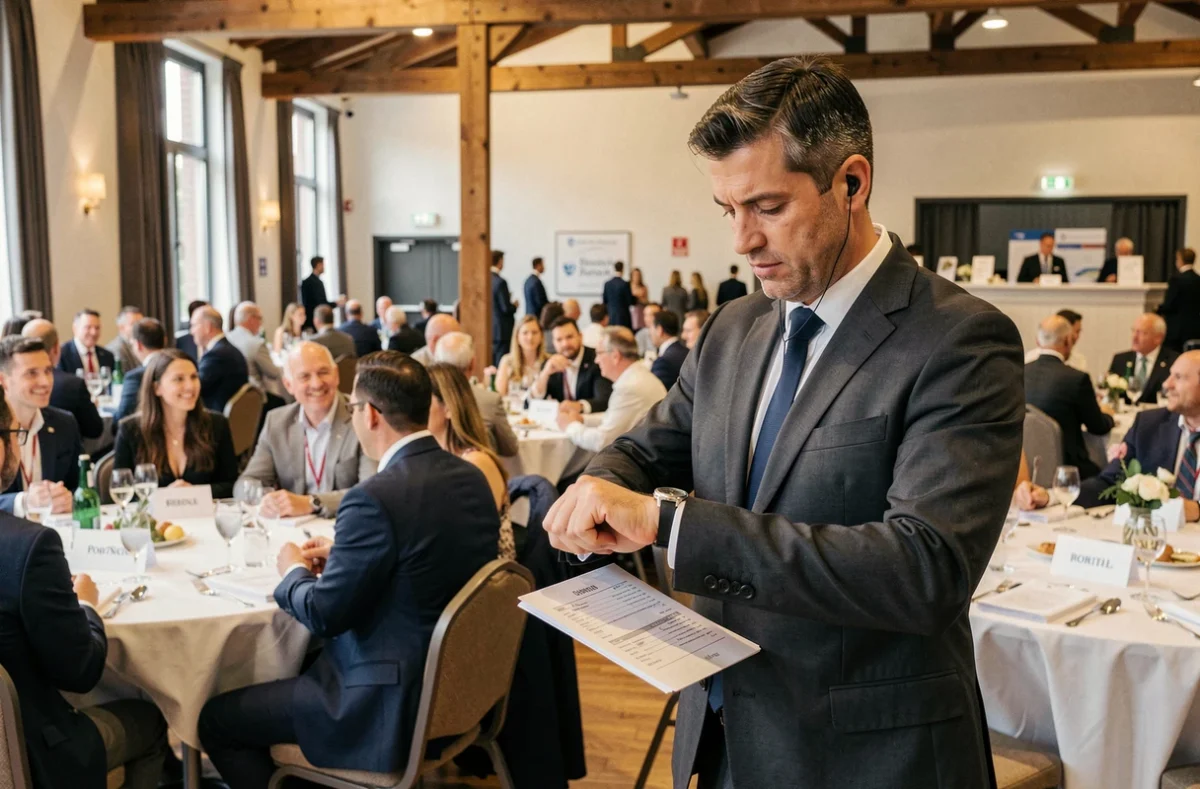 Responsable d'événement surveillant le déroulement d'un repas de gala avec 100 convives dans une grande salle de réception élégante