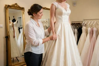 Retoucheuse épinglant l'ourlet d'une robe de mariée en satin dans une boutique de mariage à Montpellier
