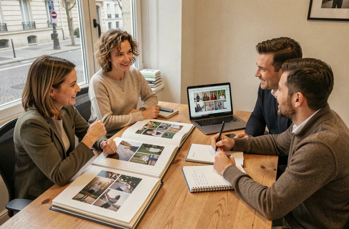Réunion entre un photographe et ses clients pour discuter des tarifs à Montrouge