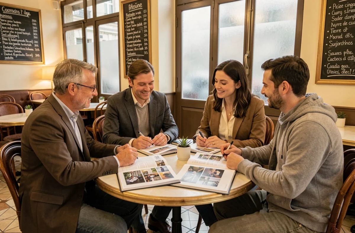Réunion entre photographes et clients dans un café de Lanester pour comparer les offres et tarifs