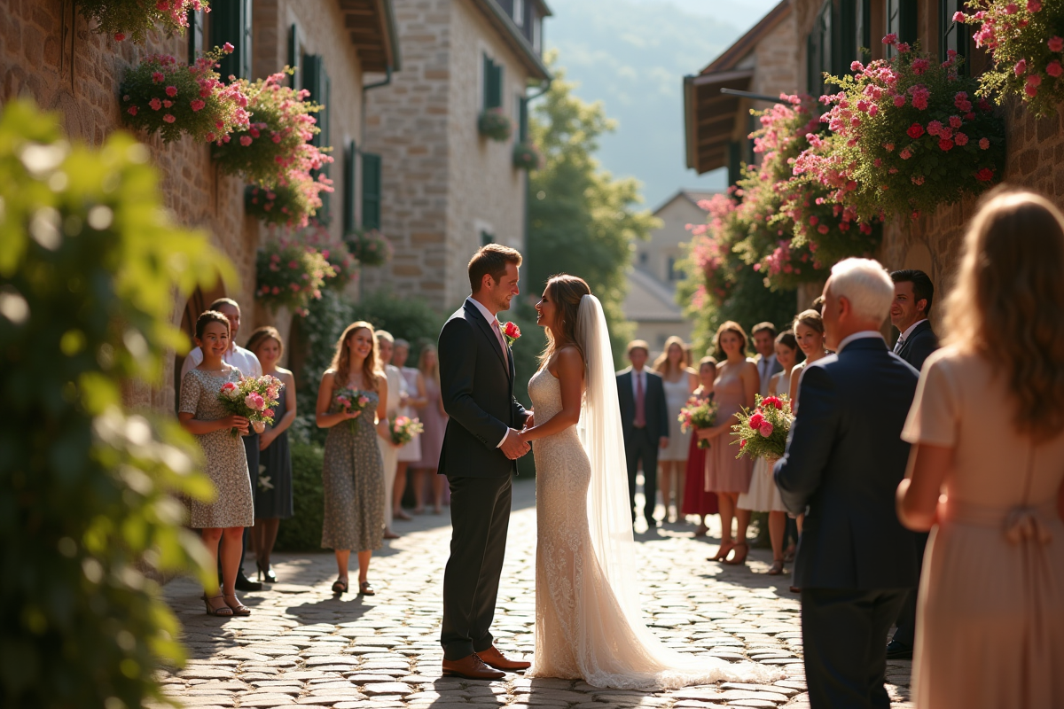 Couple renouvelant leurs vœux dans un village européen pittoresque