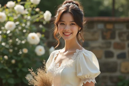 Femme portant une robe blanche courte de mariée vintage à manches bouffantes et dentelle dans un jardin fleuri
