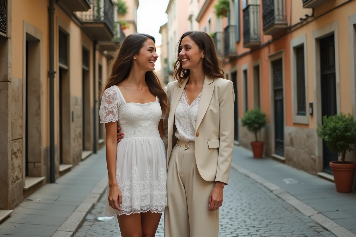 Deux femmes en tenue de mariage vintage dont une robe blanche courte en broderie anglaise dans une rue pavée européenne