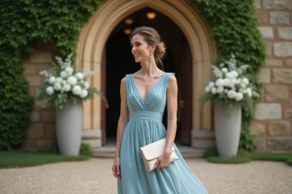Femme en robe bleu midi avec accessoires dorés et sandales nude devant une église en pierre lors d'un mariage