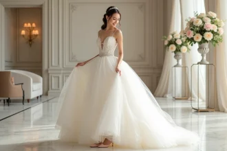 Jeune femme en robe de mariée blanche élégante dans une salle de banquet