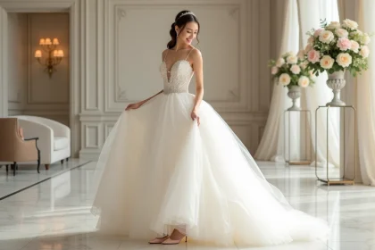 Jeune femme en robe de mariée blanche élégante dans une salle de banquet