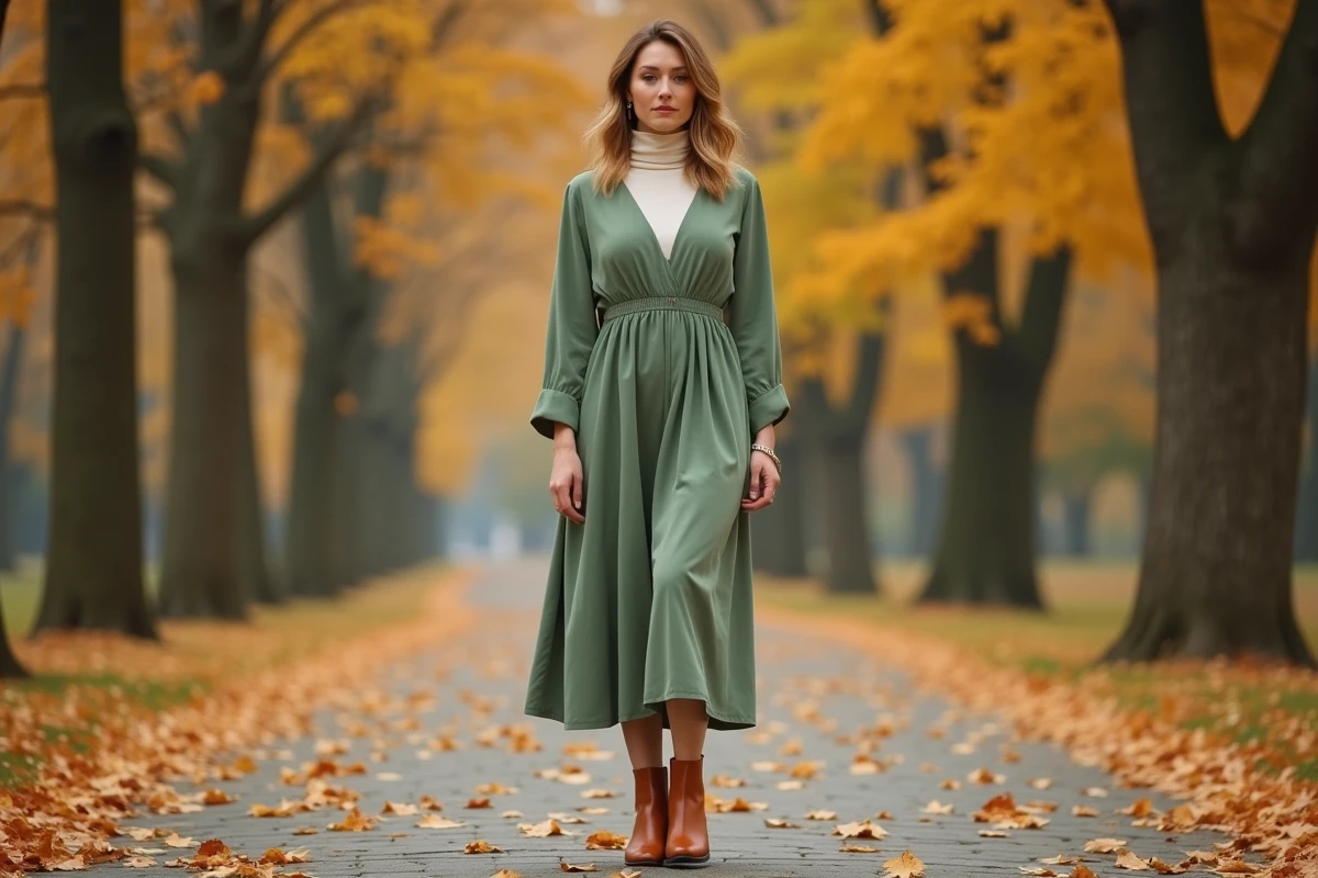 Femme en robe empire verte sauge superposée avec col roulé crème et bottines cognac dans un parc automnal, idée de restyle après le mariage