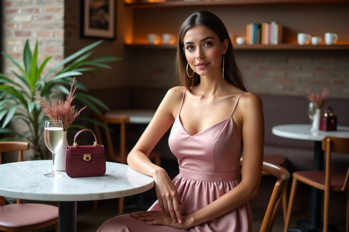 Femme en robe empire rose poudré satiné assise dans un café parisien, stylée avec accessoires dorés pour une occasion après le mariage