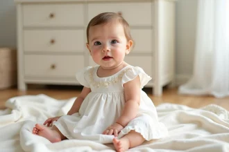 Bébé fille portant une robe de mariage en coton bio blanc avec broderies, assise sur un plaid en lin dans un cadre naturel et lumineux