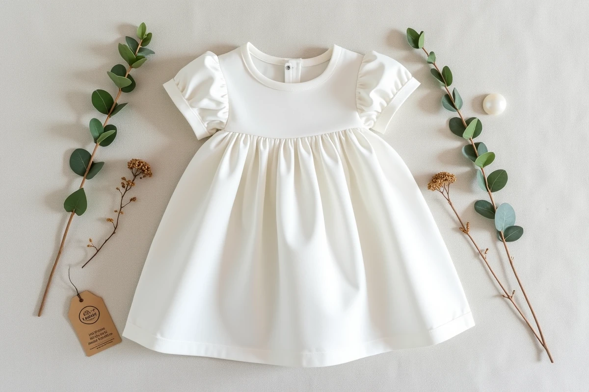 Flat lay d'une robe de mariage en coton bio pour bébé posée sur du lin naturel avec des accessoires botaniques et une étiquette de certification