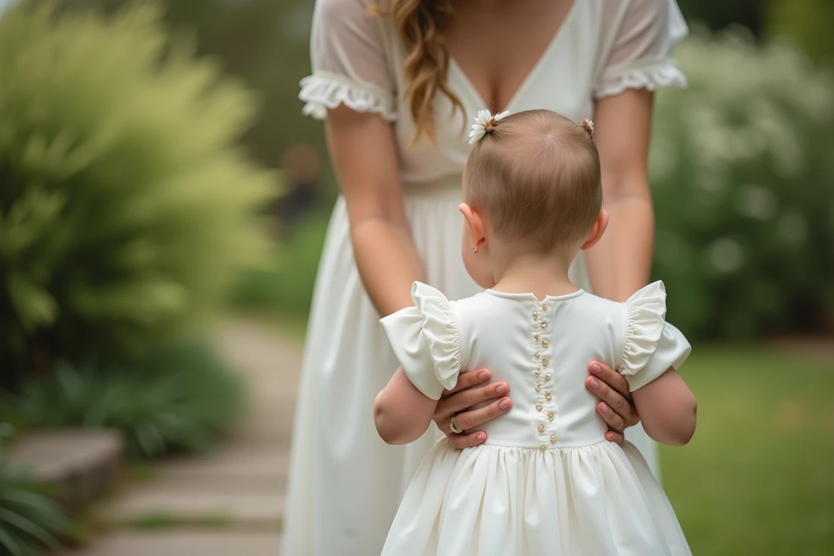 Bébé en robe de mariage longue en coton biologique avec froufrous, portée dans les bras d'un adulte dans un jardin verdoyant