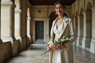Mariée en robe de mariée civile ivoire et manteau laine crème dans le hall d'une mairie en hiver