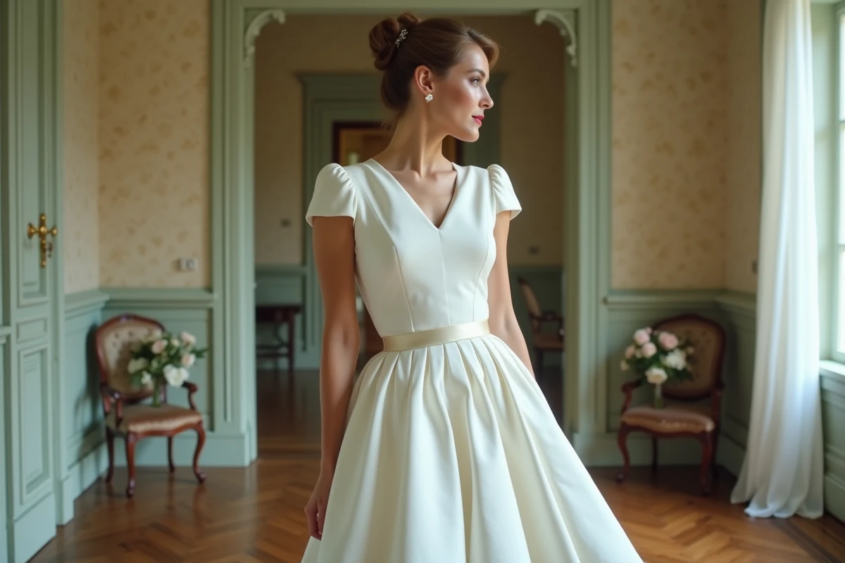 Mariée en robe courte blanche style années 50 dans un intérieur vintage français avec parquet et miroir ancien