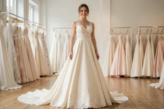 Jeune mariée en robe de mariage ivoire en dentelle dans une boutique de robes de mariée élégante