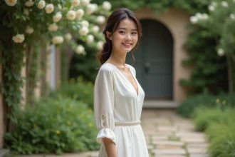 Femme en robe de mariage élégante dans un jardin printanier