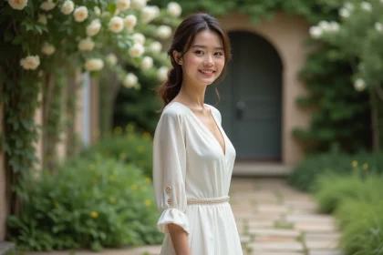 Femme en robe de mariage élégante dans un jardin printanier