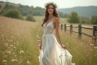 Jeune mariée en robe blanche bohème avec dentelle et chiffon dans une prairie fleurie, coiffée d'une couronne de fleurs