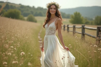 Jeune mariée en robe blanche bohème avec dentelle et chiffon dans une prairie fleurie, coiffée d'une couronne de fleurs