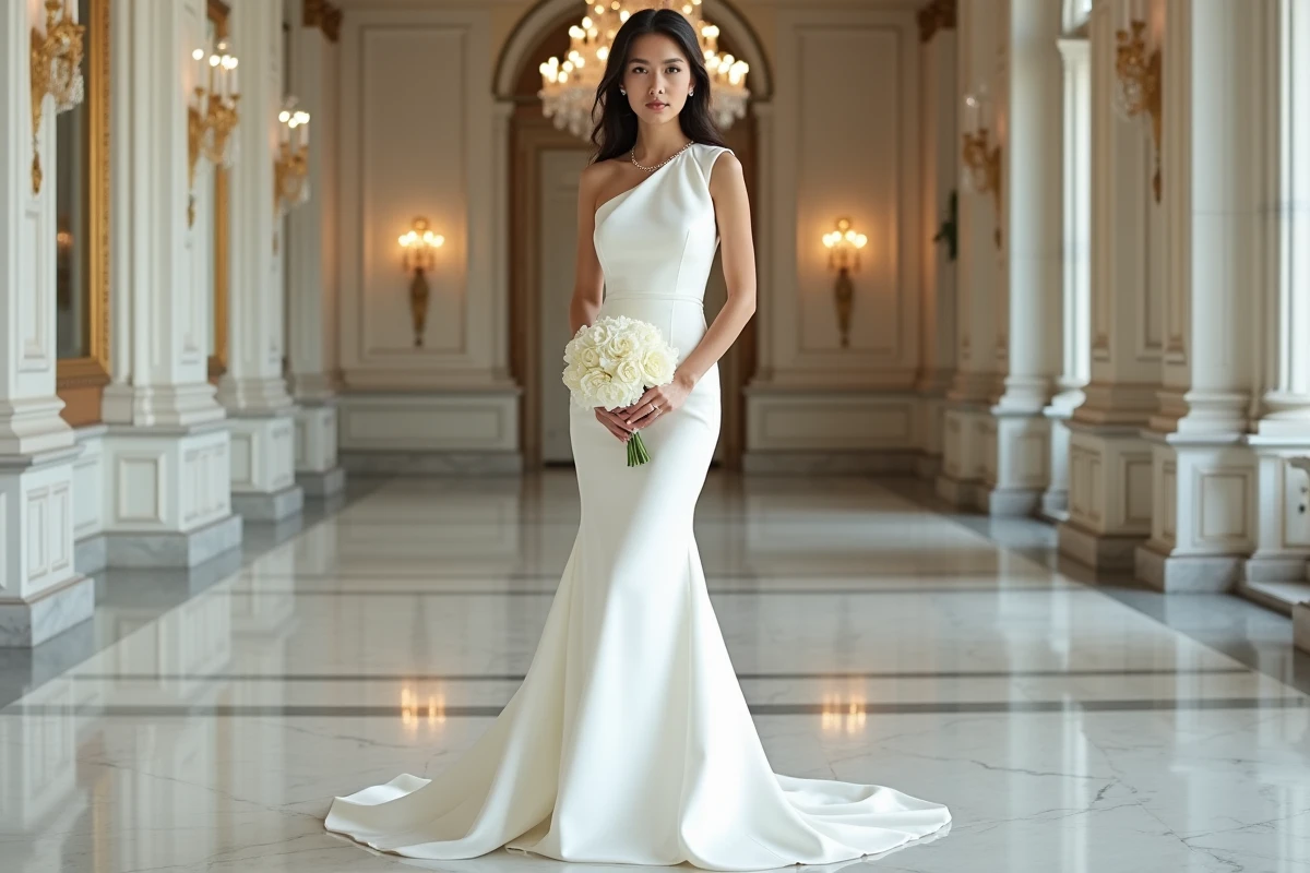 Mariée élégante en robe blanche chic en satin dans un salon haussmannien au décor classique doré