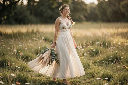 Jeune mariée en robe bohème ivoire avec dentelle et broderies florales dans une prairie fleurie, coiffure tressée avec fleurs séchées et bouquet champêtre