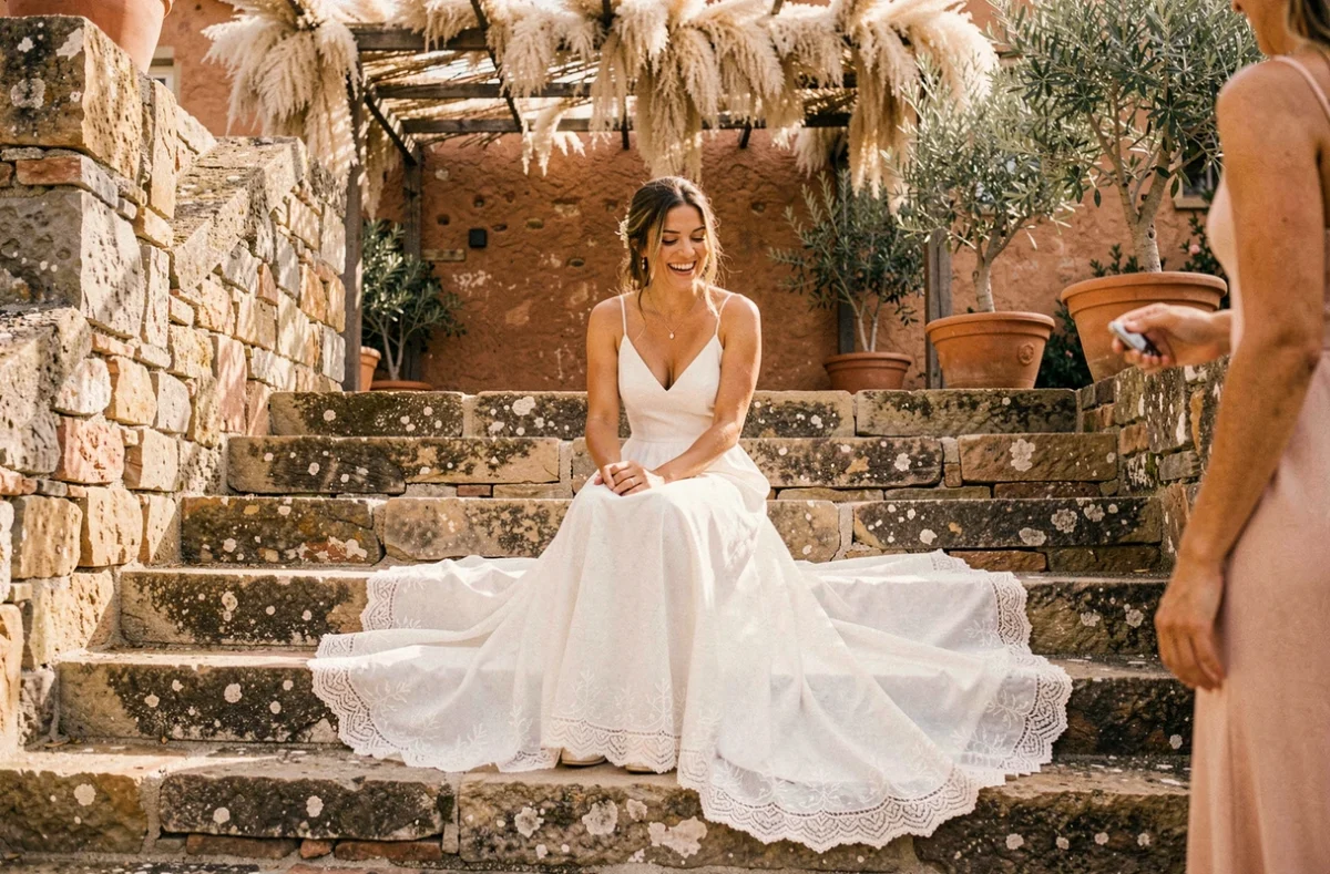 Mariée en robe bohème blanche broderie anglaise assise sur un escalier en pierre rustique avec décor champêtre en Provence, ambiance naturelle et décontractée