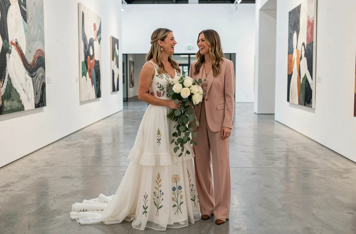 Mariée en robe bohème brodée et demoiselle d'honneur dans une galerie d'art contemporaine chic