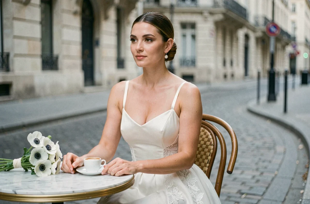 Mariée bohème en robe élégante assise à une terrasse de café parisien avec bouquet de fleurs blanches