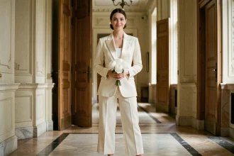 Mariée en tailleur ivoire court avec blazer structuré et pantalon large dans un couloir de mairie parisienne