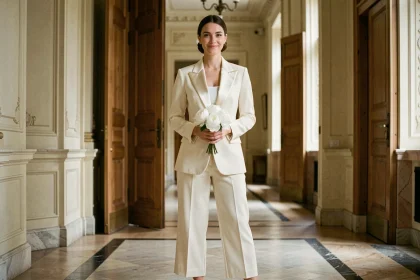 Mariée en tailleur ivoire court avec blazer structuré et pantalon large dans un couloir de mairie parisienne