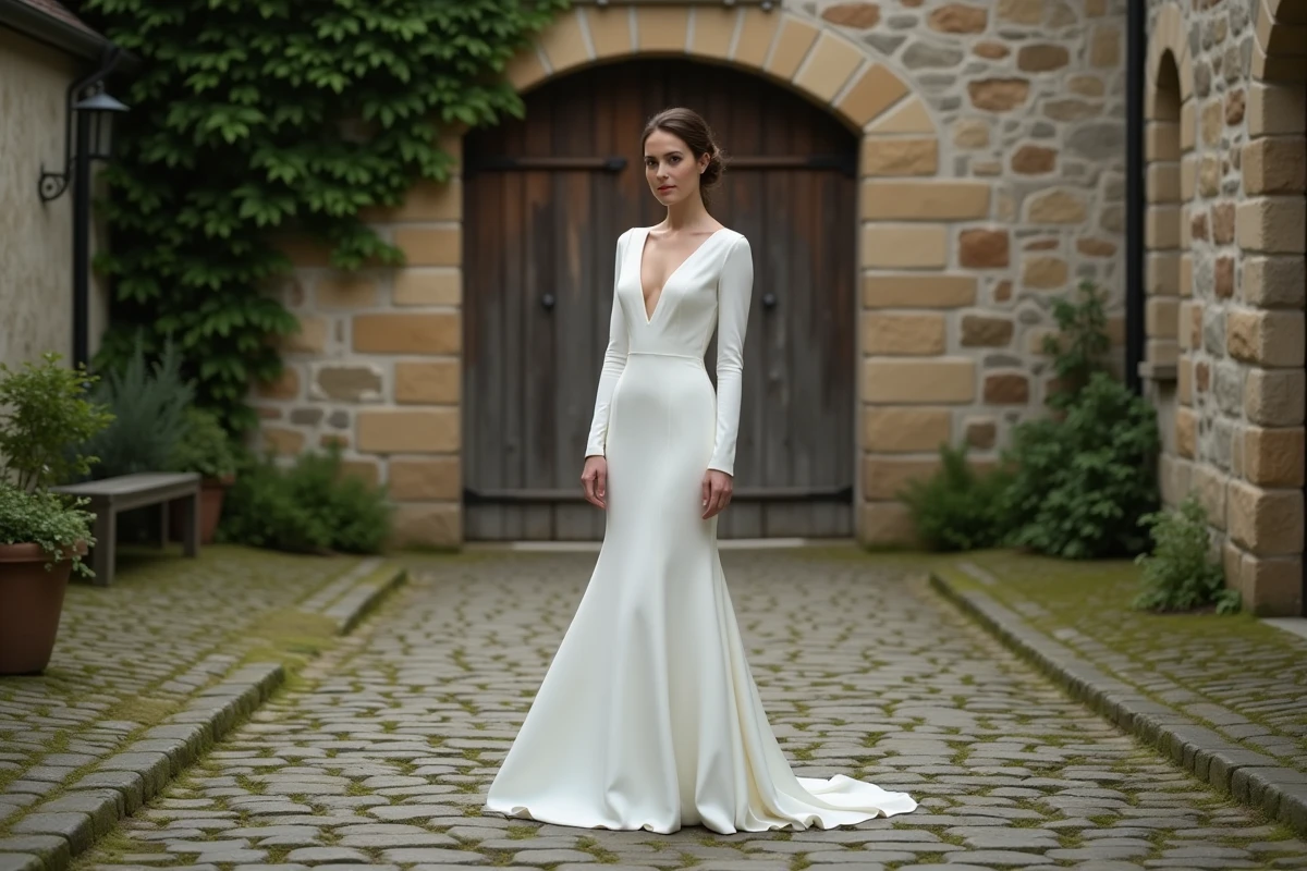 Mariée élégante en robe de crêpe manches longues dans une cour pavée avec murs en pierre et lierre, style discret et raffiné