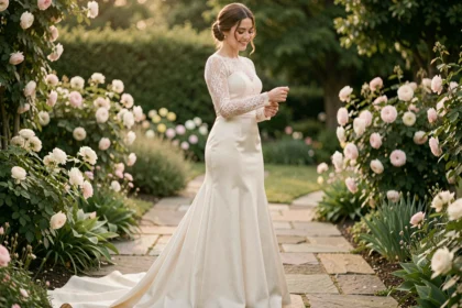 Mariée en robe longue à manches en dentelle dans un jardin fleuri, souriante et détendue le jour de son mariage