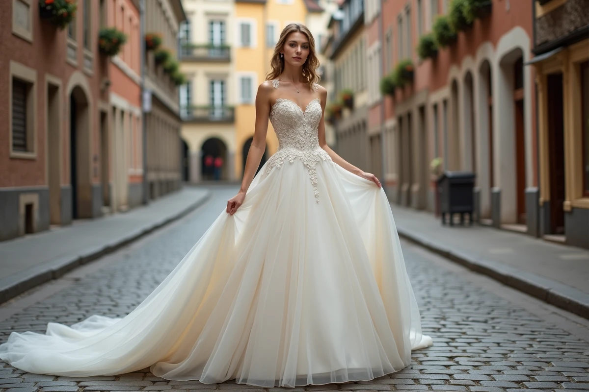Mariée en robe longue à traîne cathédrale dans les rues pavées de la Petite France à Strasbourg