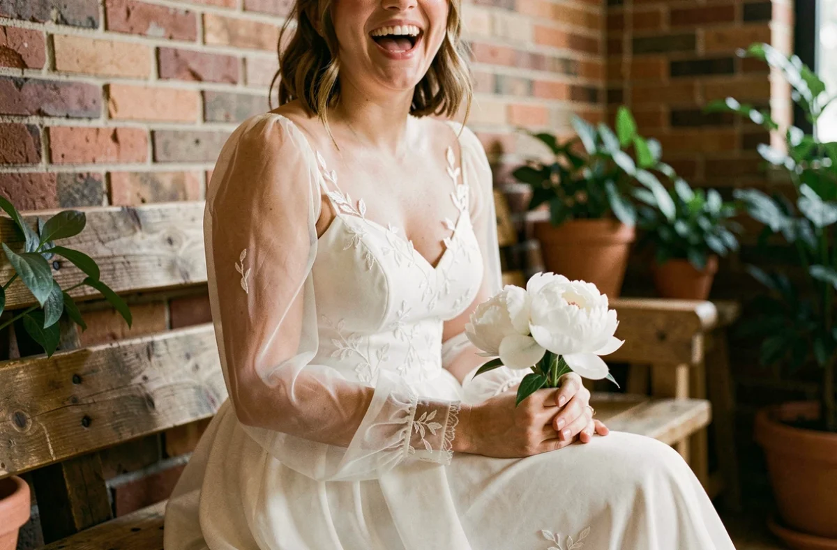 Mariée assise en robe à manches longues en mousseline dans une salle de réception rustique, tenant un bouquet de pivoines blanches