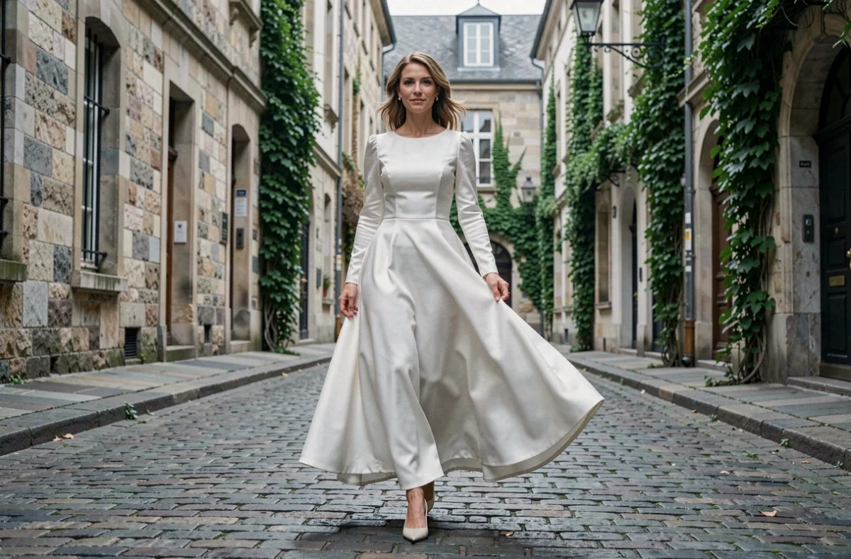 Mariée en robe longue à manches satin marchant dans une rue pavée historique, posture détendue et élégante