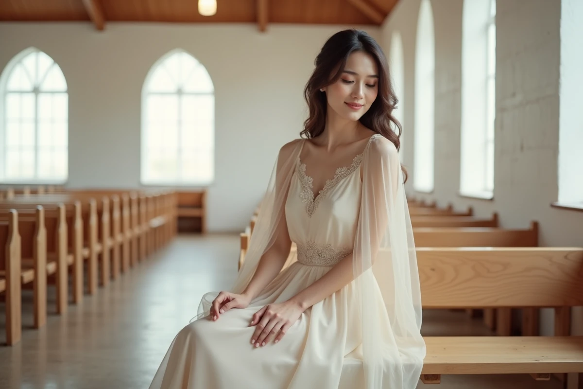 Mariée assise sur un banc en bois dans une chapelle épurée, portant une robe de mariée en mousseline fluide avec dentelle, ambiance sobre et stylée